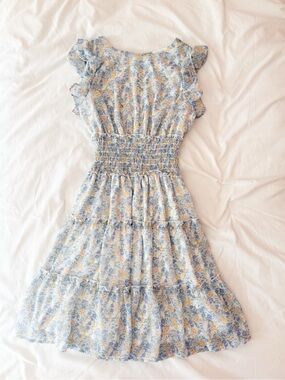 Altar’d State Blue And Yellow Floral High Neck Ruffle Dress Size XS